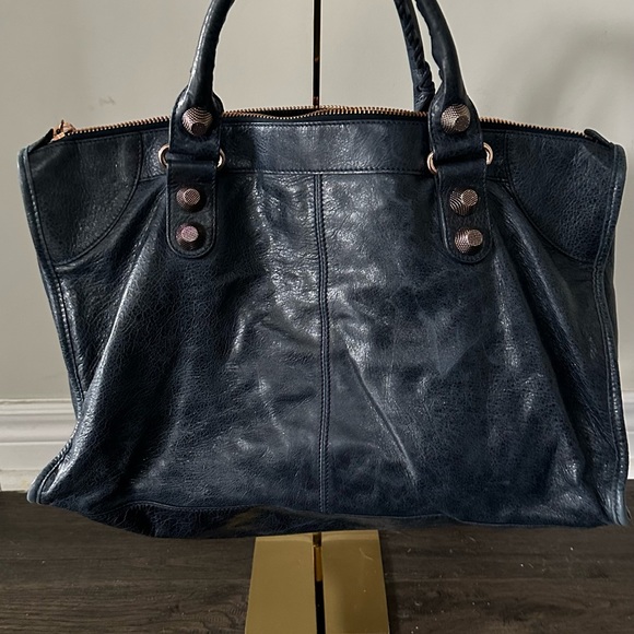 Authentic Balenciaga Work Bag in Dark Blue with Giant Rose Gold Studs - Picture 3 of 3